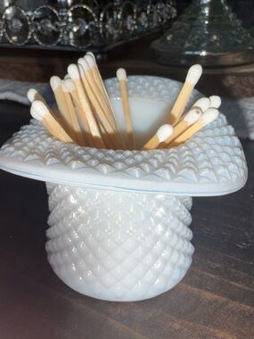 Vintage 50s White Hobnail Milk Glass Match Striker or toothpick Holder
